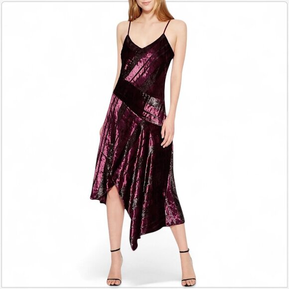 Parker Selma Velvet Metallic Burgundy Asymmetric Midi Slip Dress New NWT 4 8 - Picture 1 of 7